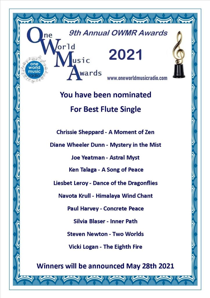 nomination certificate for 2021 best flute single from OWMR