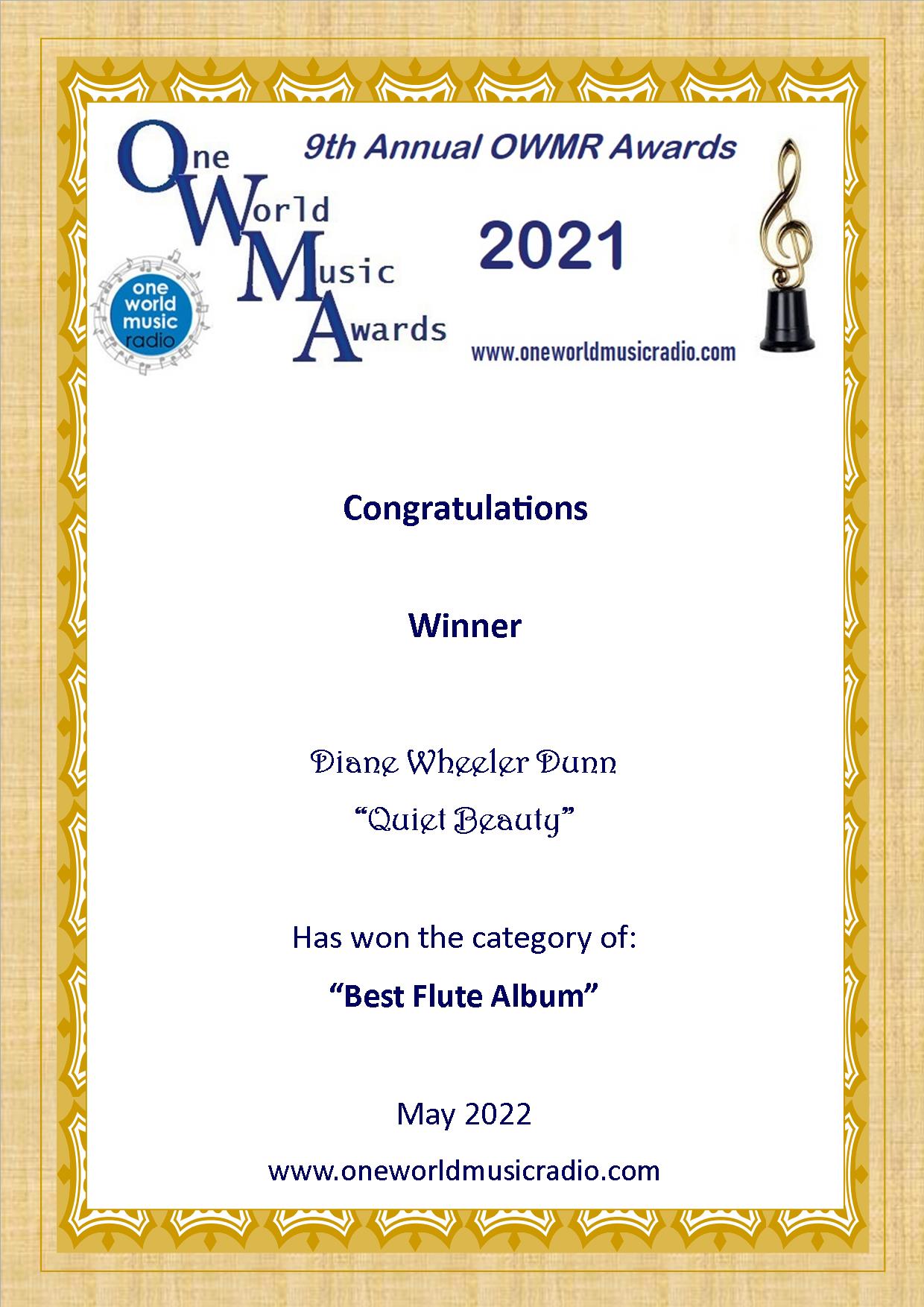 award certificate for 2021 Best Flute Album