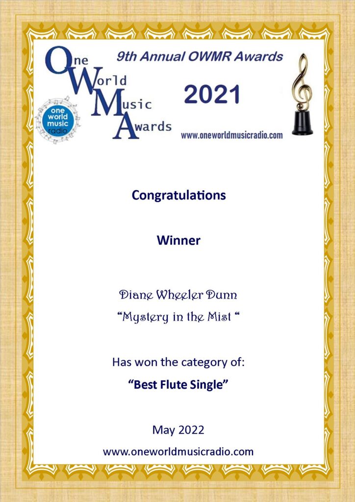 winner's certificate for 2021 best flute single
